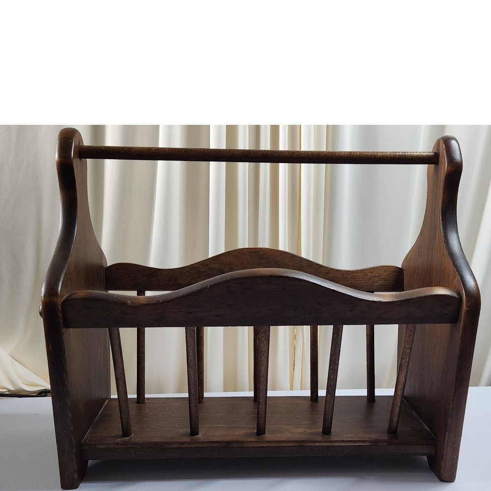 Vintage Wooden Magazine Rack Floor Standing Caddy with Handle Dark Oak Finish